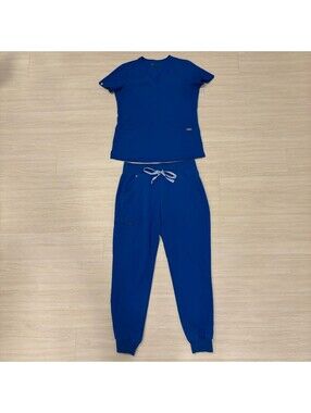 FIGS Royal Blue Scrub Set Womens XS Catarina V-Neck Top S Zamora Jogger Pants